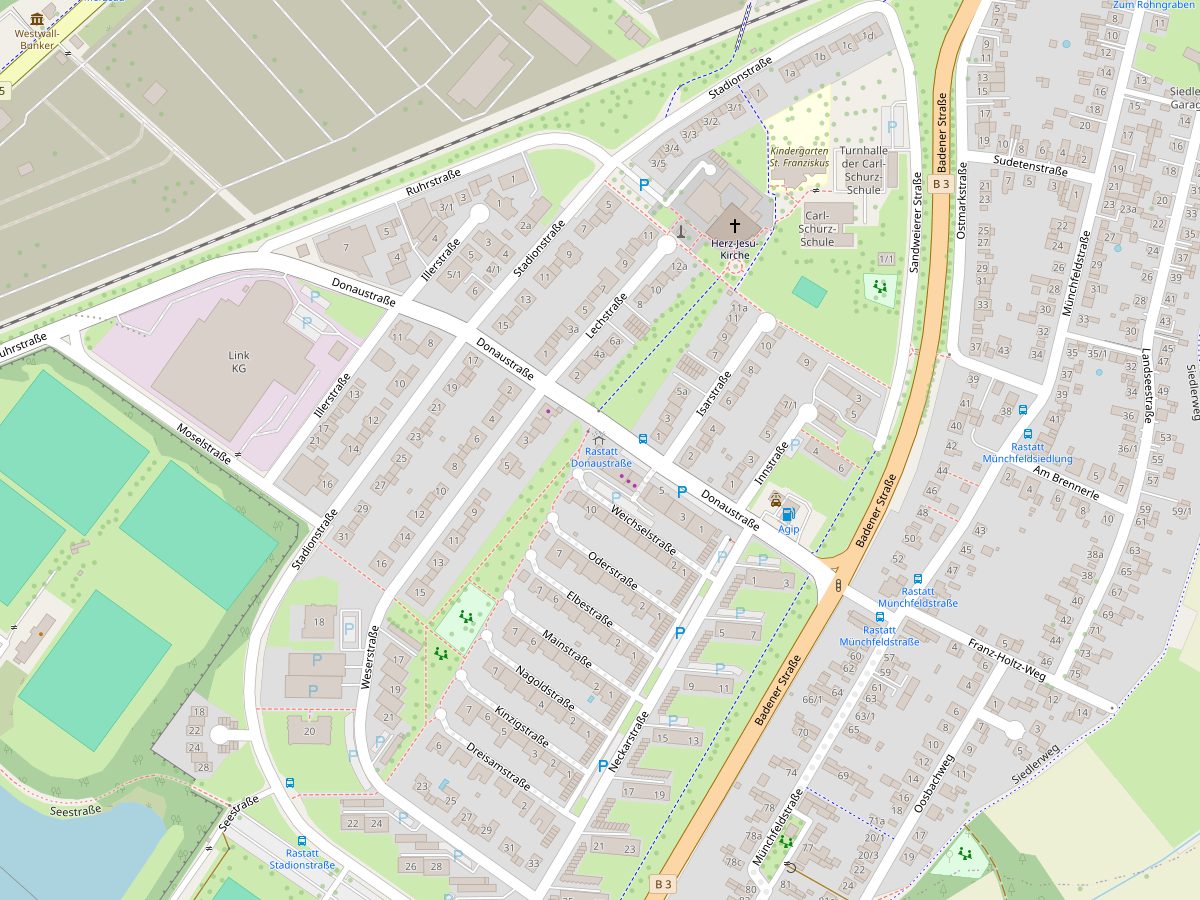 Ausschnitt einer Karte: Donaustraße 9 in 76437 Rastatt